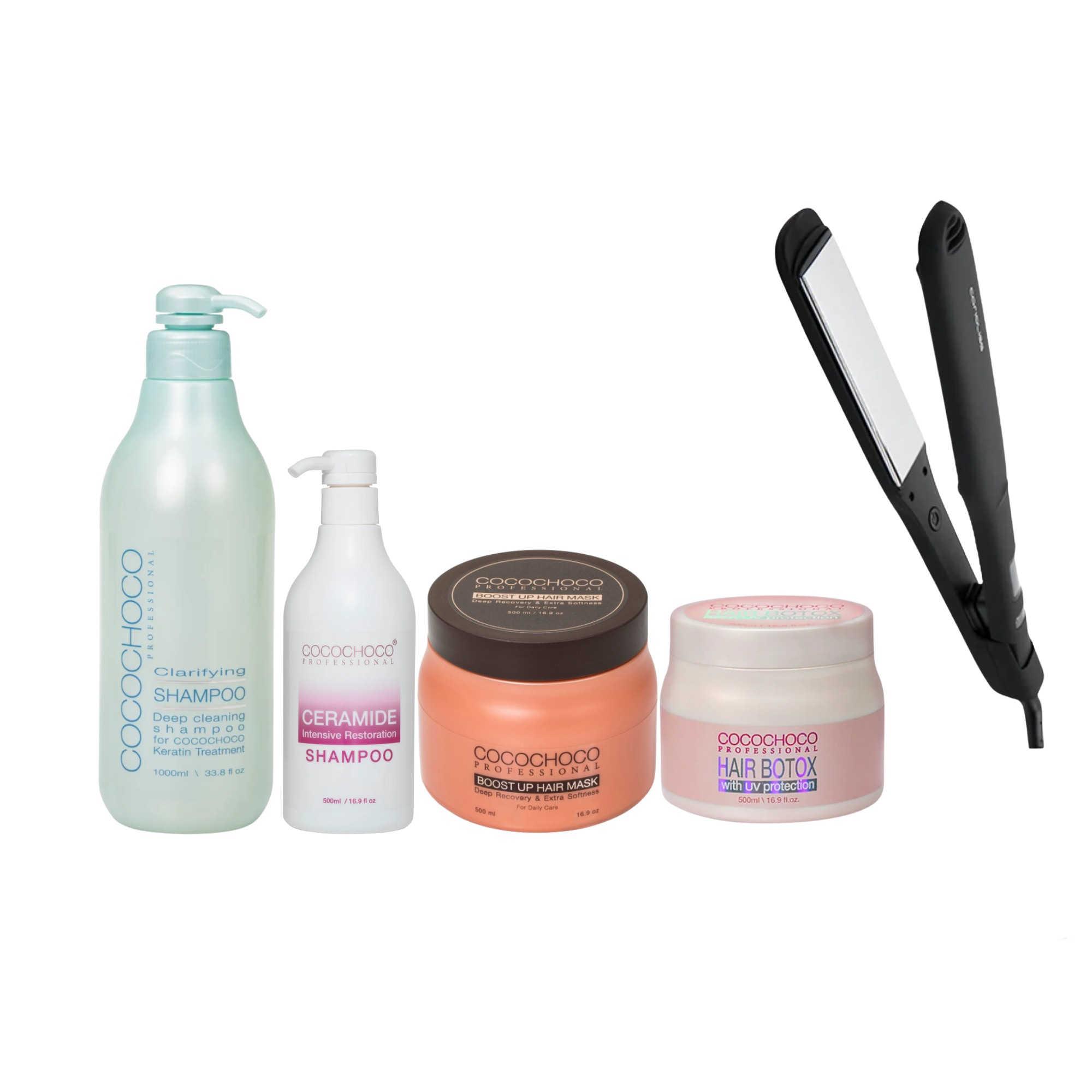 Corioliss Wide Black Hair Straightener, Cocochoco Clarifying Shampoo 1000 ml, Cocochoco Botox 500 ml, Cocochoco Ceramide Intensive Restoratiom Sulphate-free Shampoo and Cocochoco Sulphate-free Boost up Hair Mask 500 ml