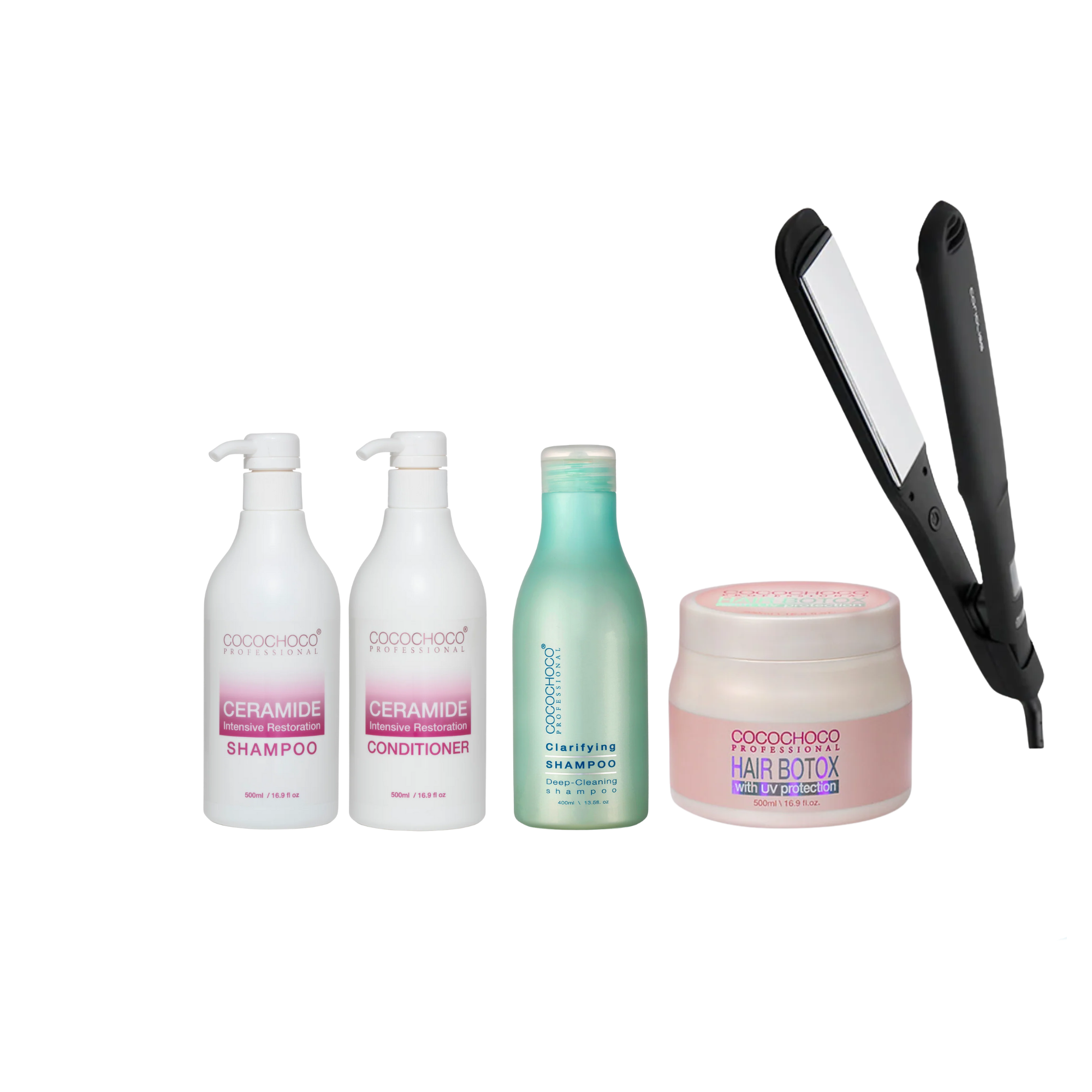 Corioliss Wide Black Hair Straightener, Cocochoco Clarifying Shampoo 400 ml, Cocochoco Botox 500 ml, Cocochoco Ceramide Intensive Restoration Sulphate-free Shampoo and Conditioner 500 ml