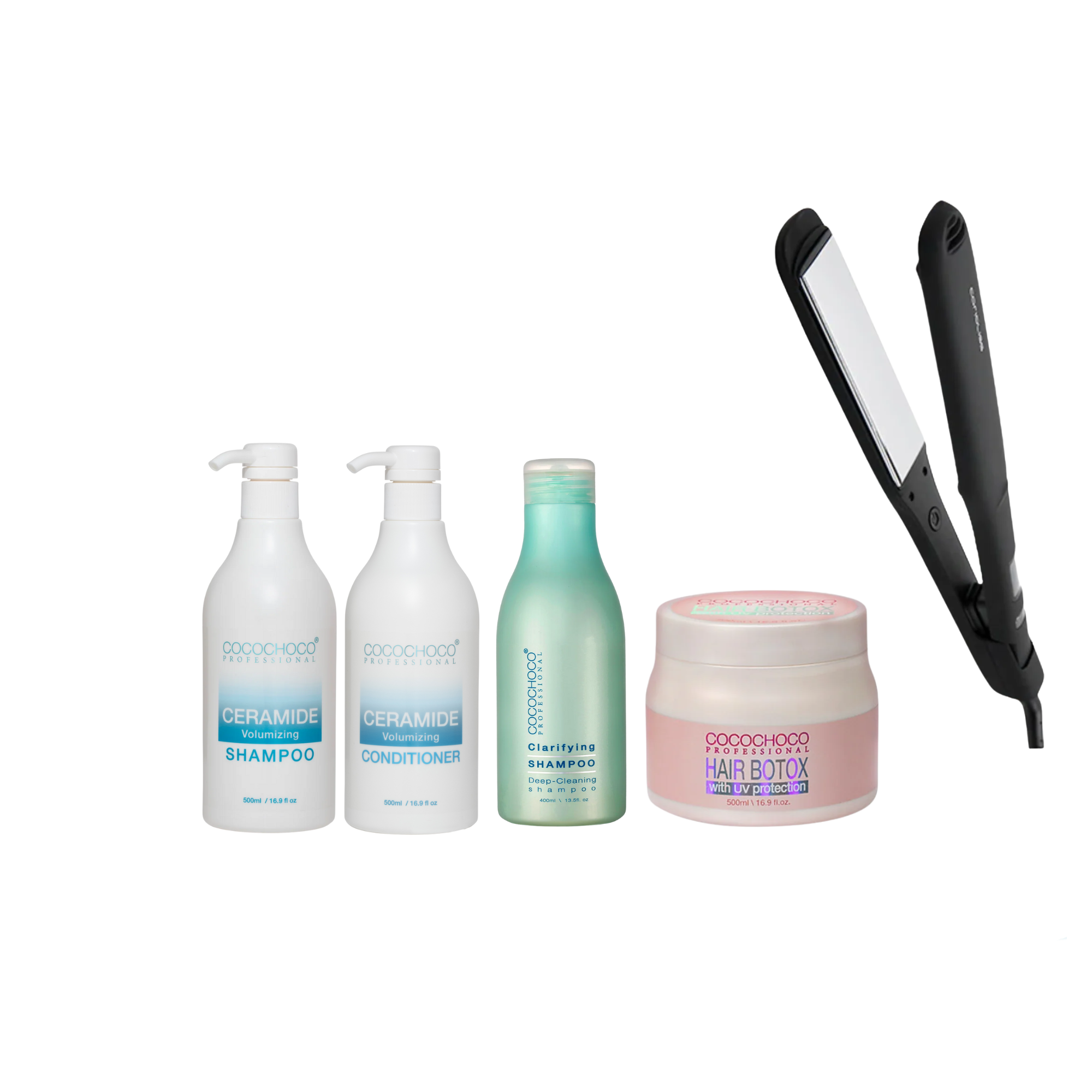 Corioliss Wide Black Hair Straightener, Cocochoco Clarifying Shampoo 400 ml, Cocochoco Botox 500 ml, Cocochoco Ceramide Volume Boosting Sulphate-free Shampoo and Conditioner 500 ml