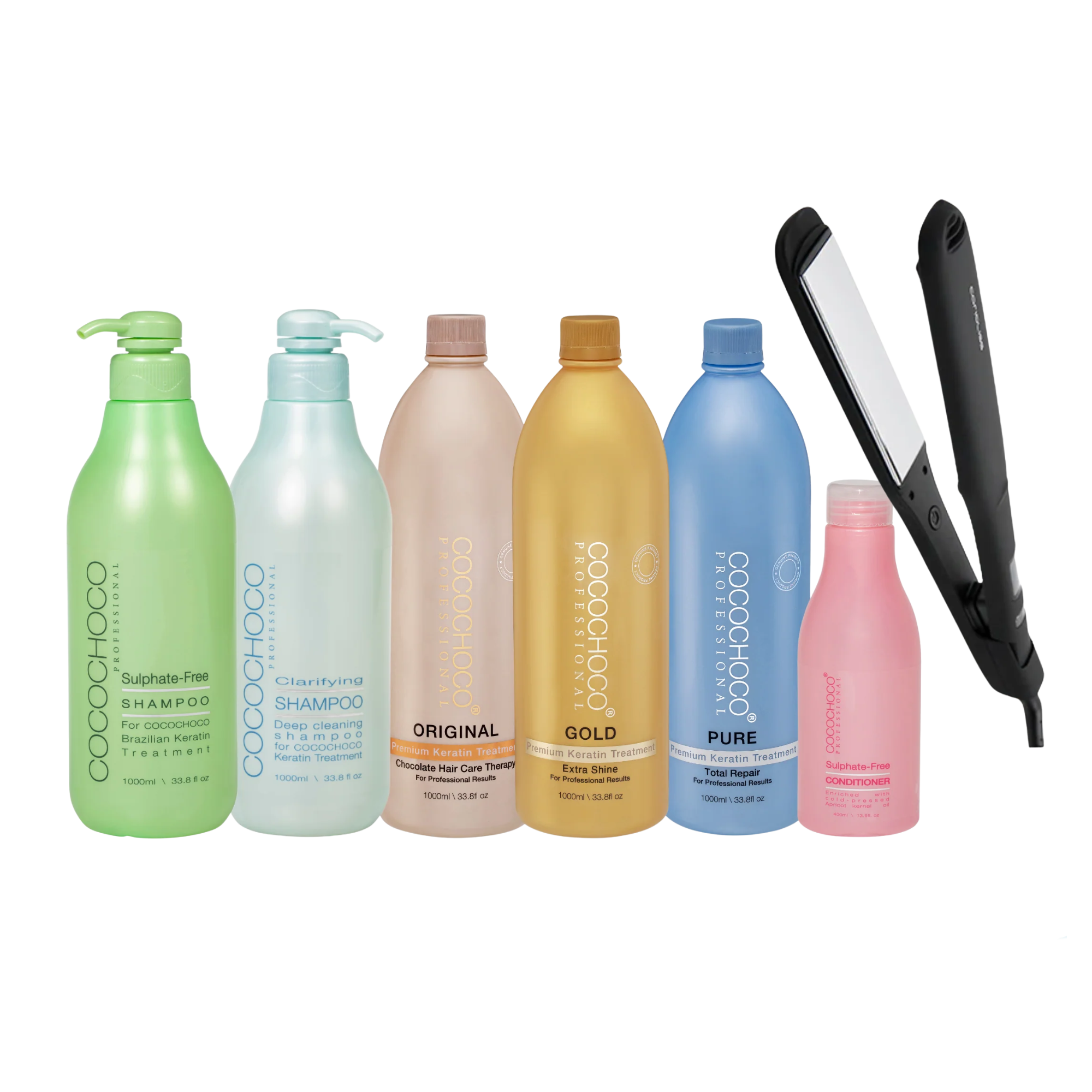Corioliss Wide Black Hair Straightener, Cocochoco Clarifying Shampoo 1000 ml, All Three Cocochoco Keratin Treatments 1000 ml, Sulphate-Free Shampoo 1000 ml & Sulphate-Free Conditioner 400 ml