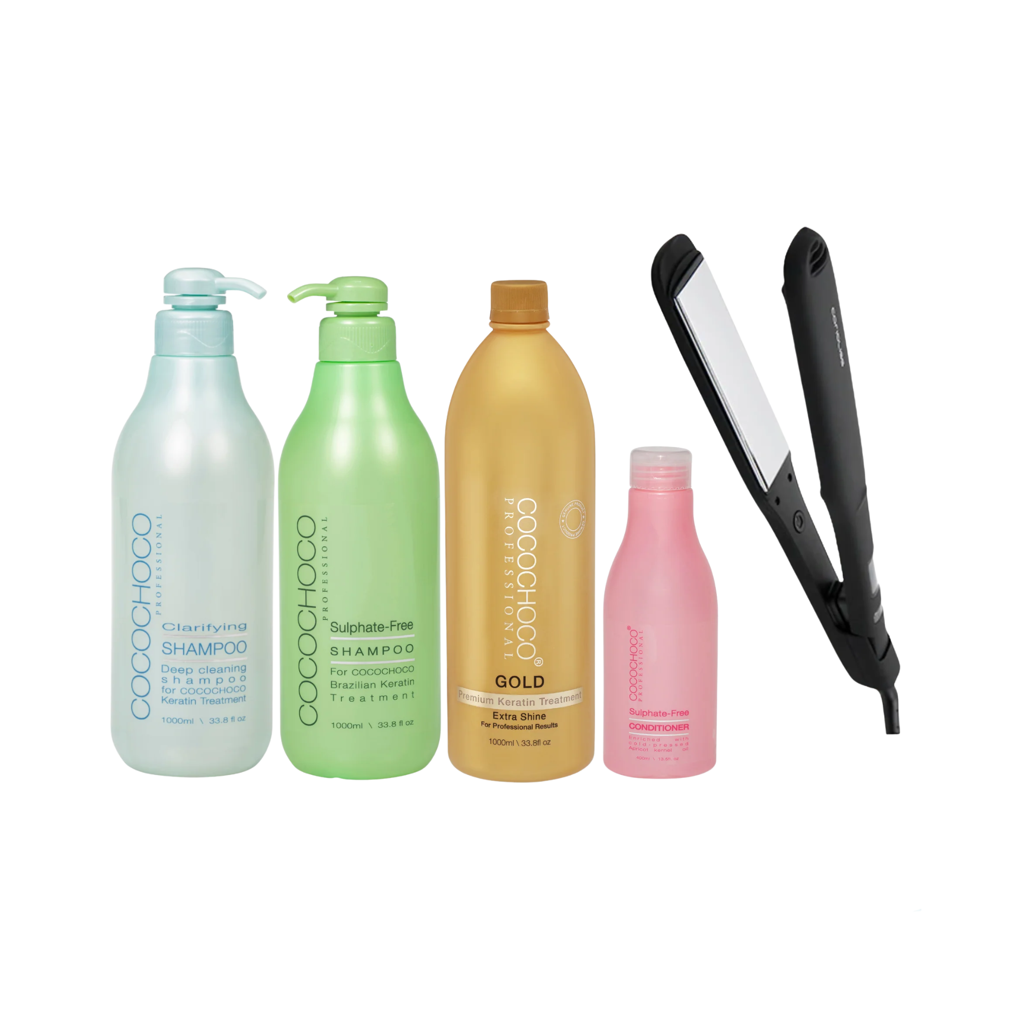 Corioliss Wide Black Hair Straightener, Cocochoco Clarifying Shampoo 1000 ml, Cocochoco Gold 1000 ml, Sulphate-Free Shampoo 1000 ml & Sulphate-Free Conditioner 400 ml
