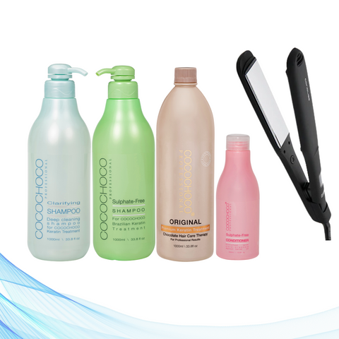 Corioliss Wide Black Hair Straightener, Cocochoco Clarifying Shampoo 1000 ml, Cocochoco Original 1000 ml, Sulphate-Free Shampoo 1000 ml & Sulphate-Free Conditioner 400 ml