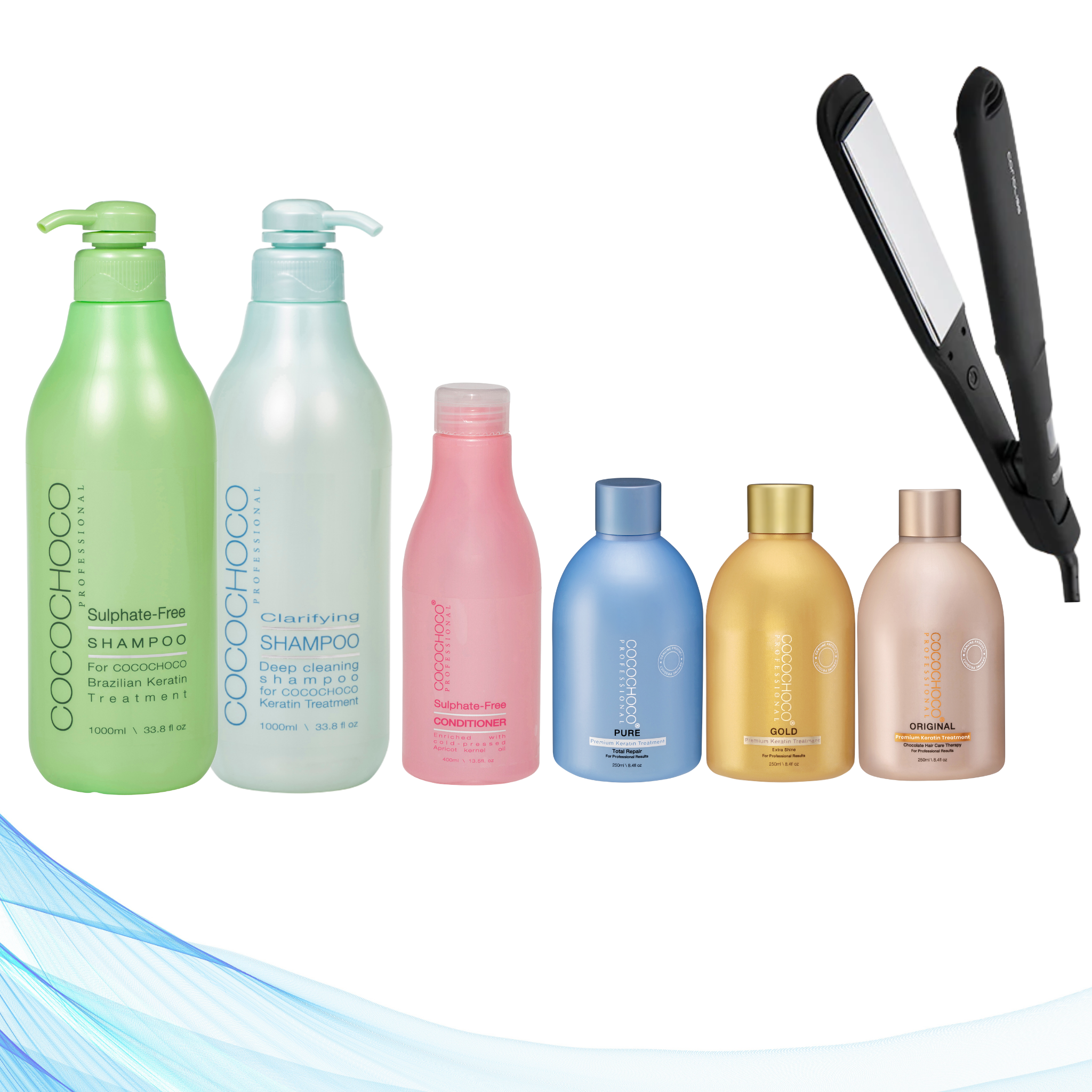 Corioliss Wide Black Hair Straightener, Cocochoco Clarifying Shampoo 1000 ml, All Three Cocochoco Keratin Treatments 250 ml, Sulphate-Free Shampoo 1000 ml & Sulphate-Free Conditioner 400 ml