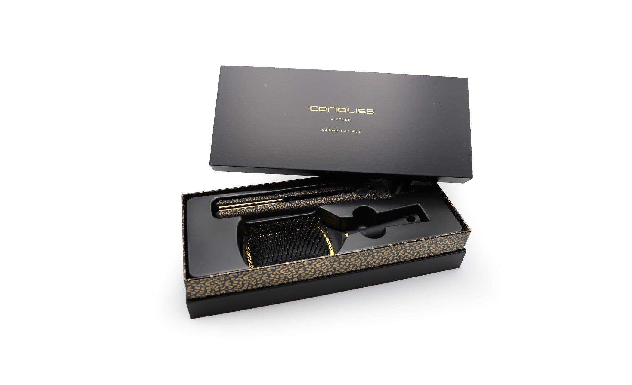 Corioliss C-Style Gold Leopard Soft Touch pegla + Paddle Brush