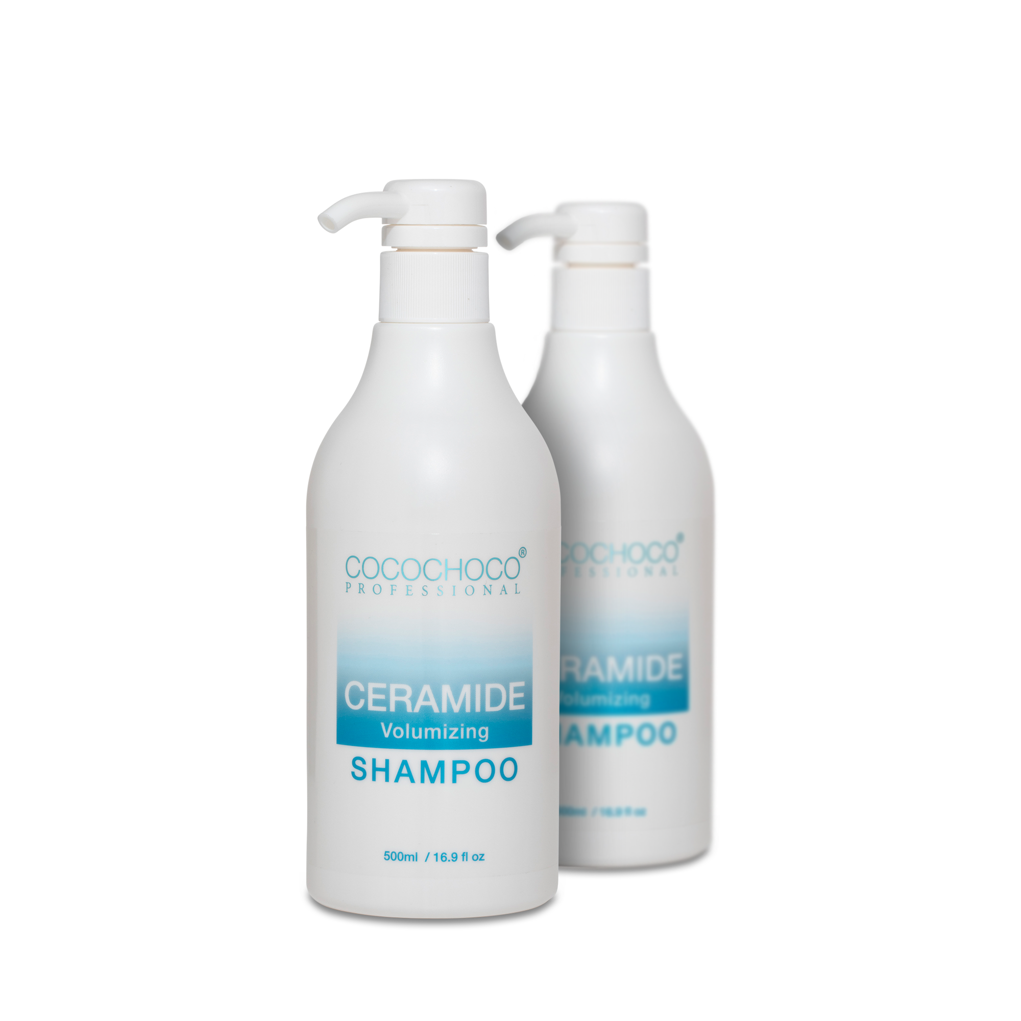 Cocochoco Ceramide šampon za volumen kose bez sulfata 500ml- prikaz dva šampona