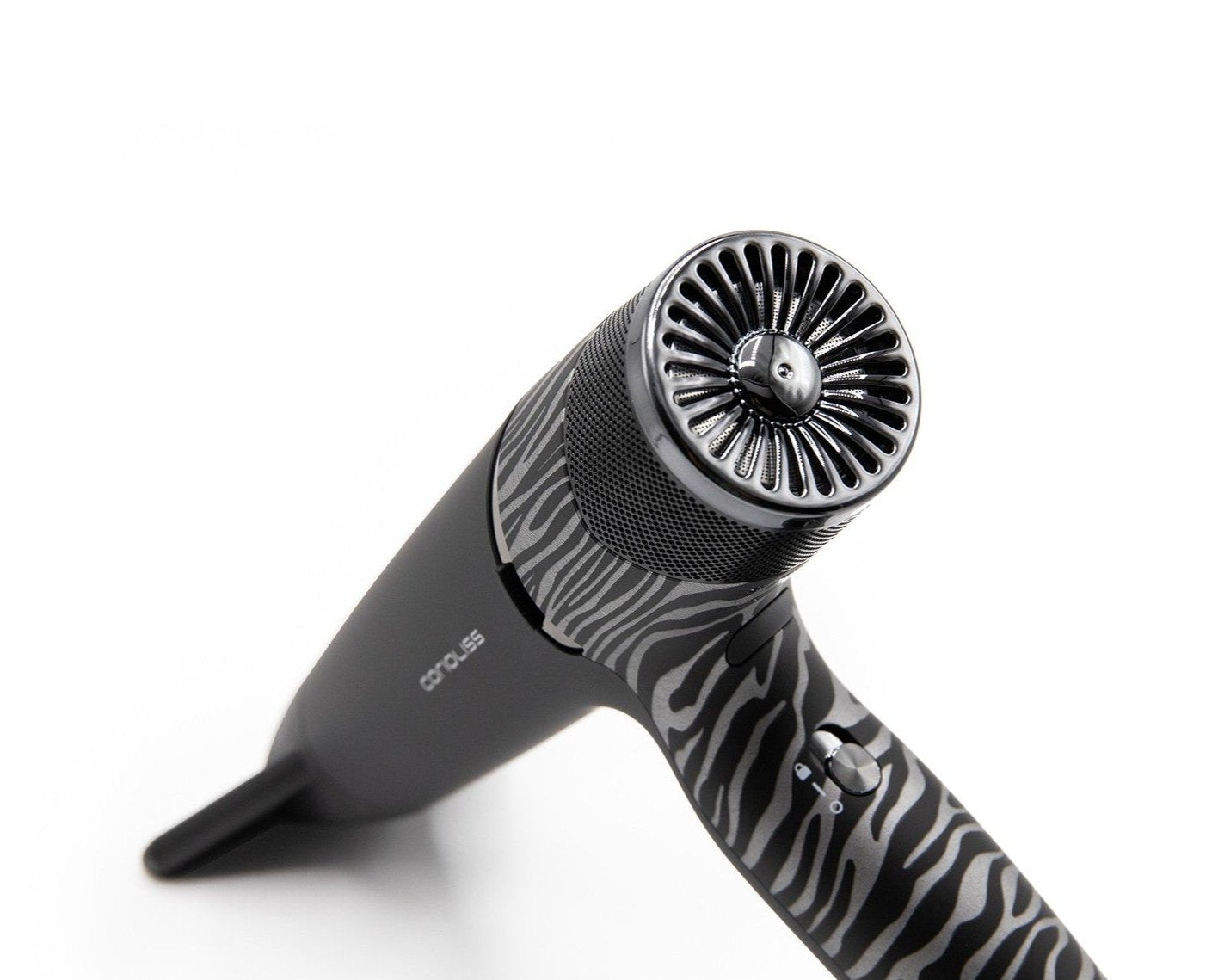 Corioliss Whisper Silver Zebra fen za kosu – pogled straga s prikazom tipki