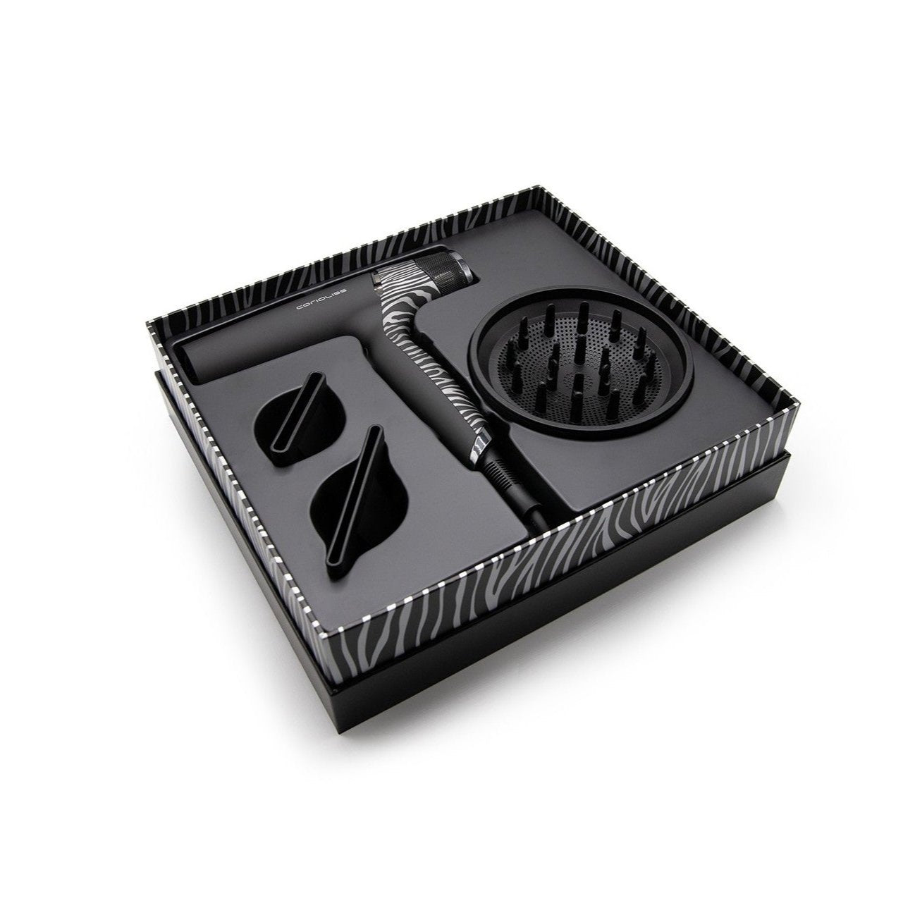 Corioliss Whisper Silver Zebra fen za kosu – prikaz ambalaže i sušila