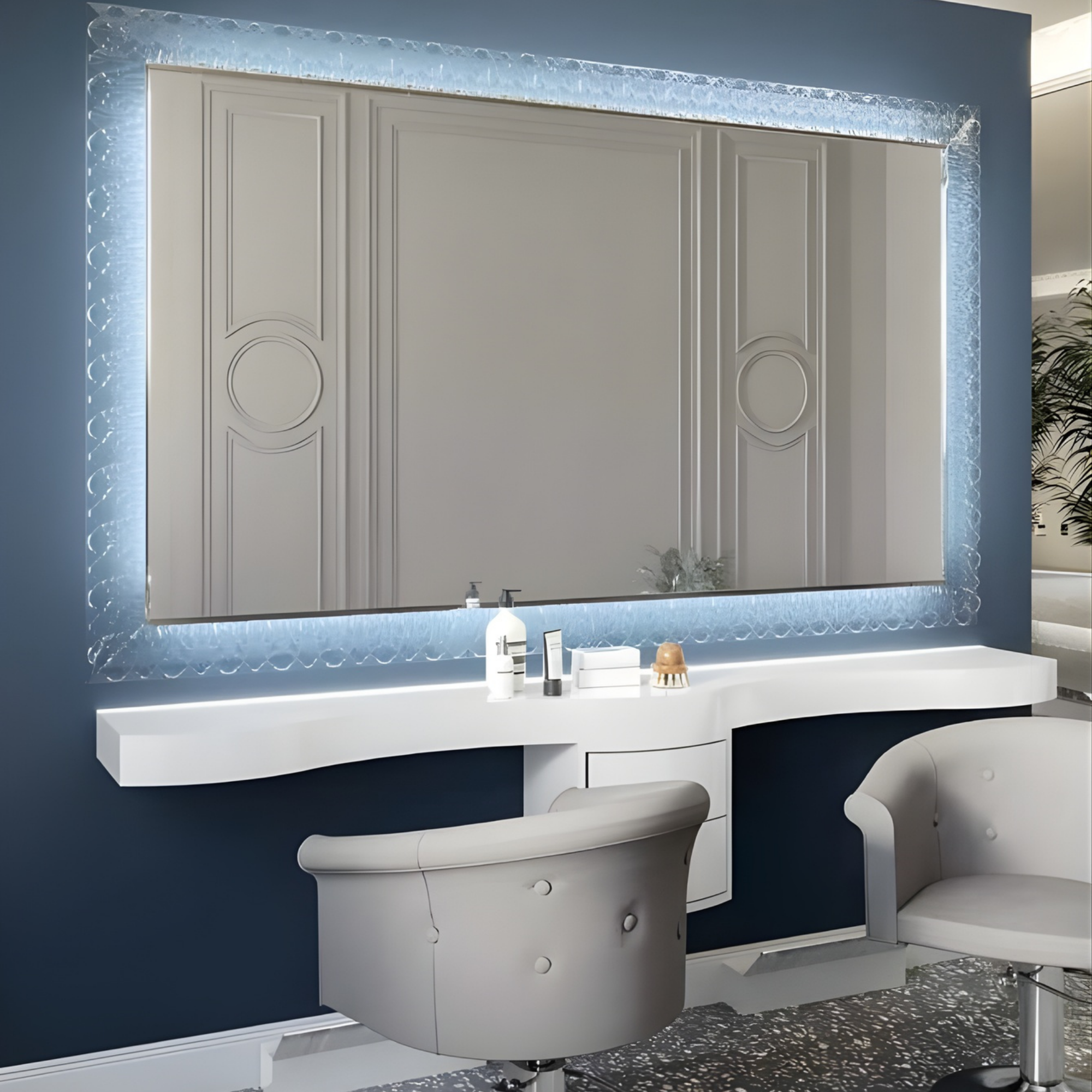 elegantne sive frizerske stolice s metalnim postoljem ispred velikih osvijetljenih ogledala i bijelih polica u suvremenom salonu