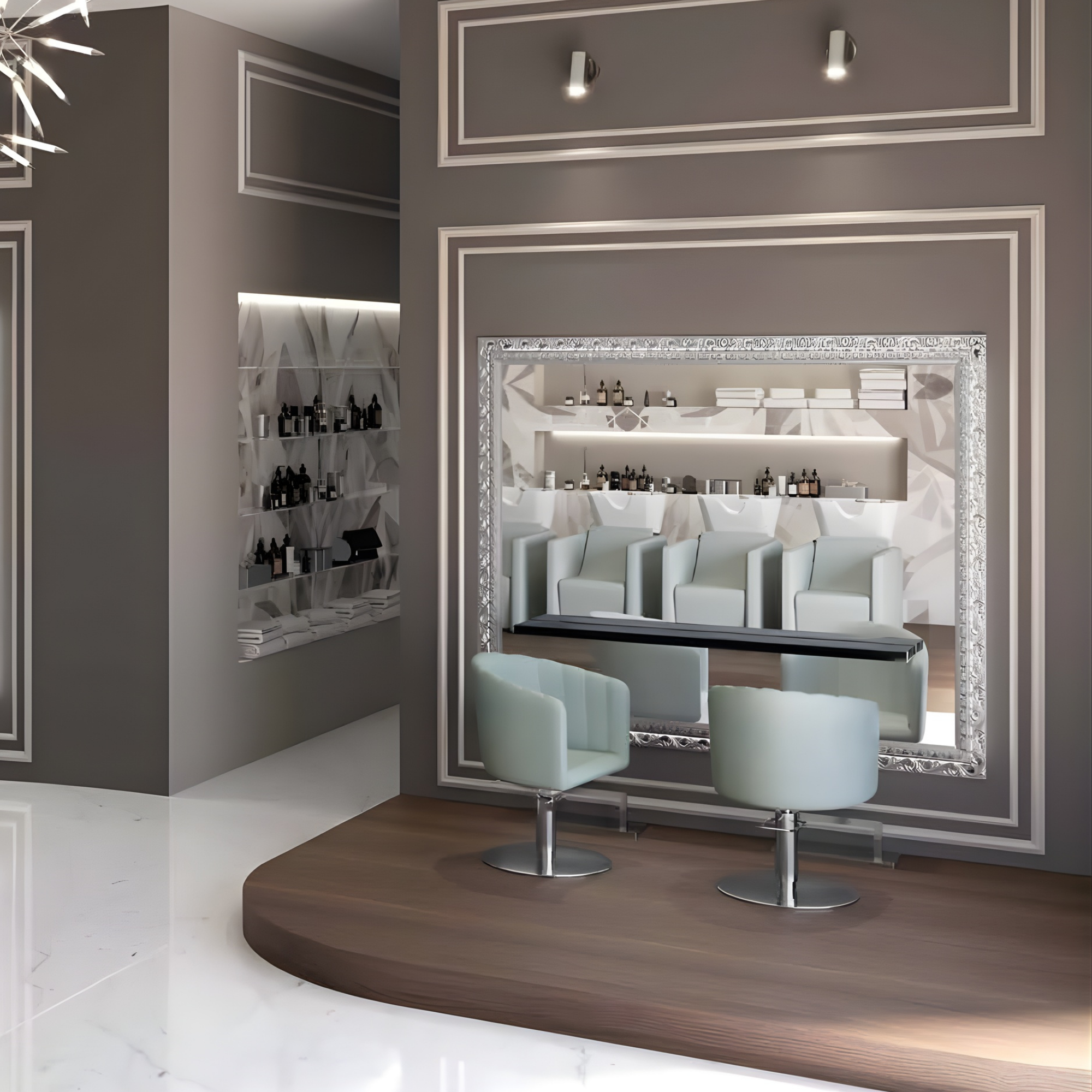 elegantan frizerski salon s pastelnim frizerskim stolicama, velikim ukrašenim ogledalom i zidovima u sivoj nijansi s bijelim okvirima