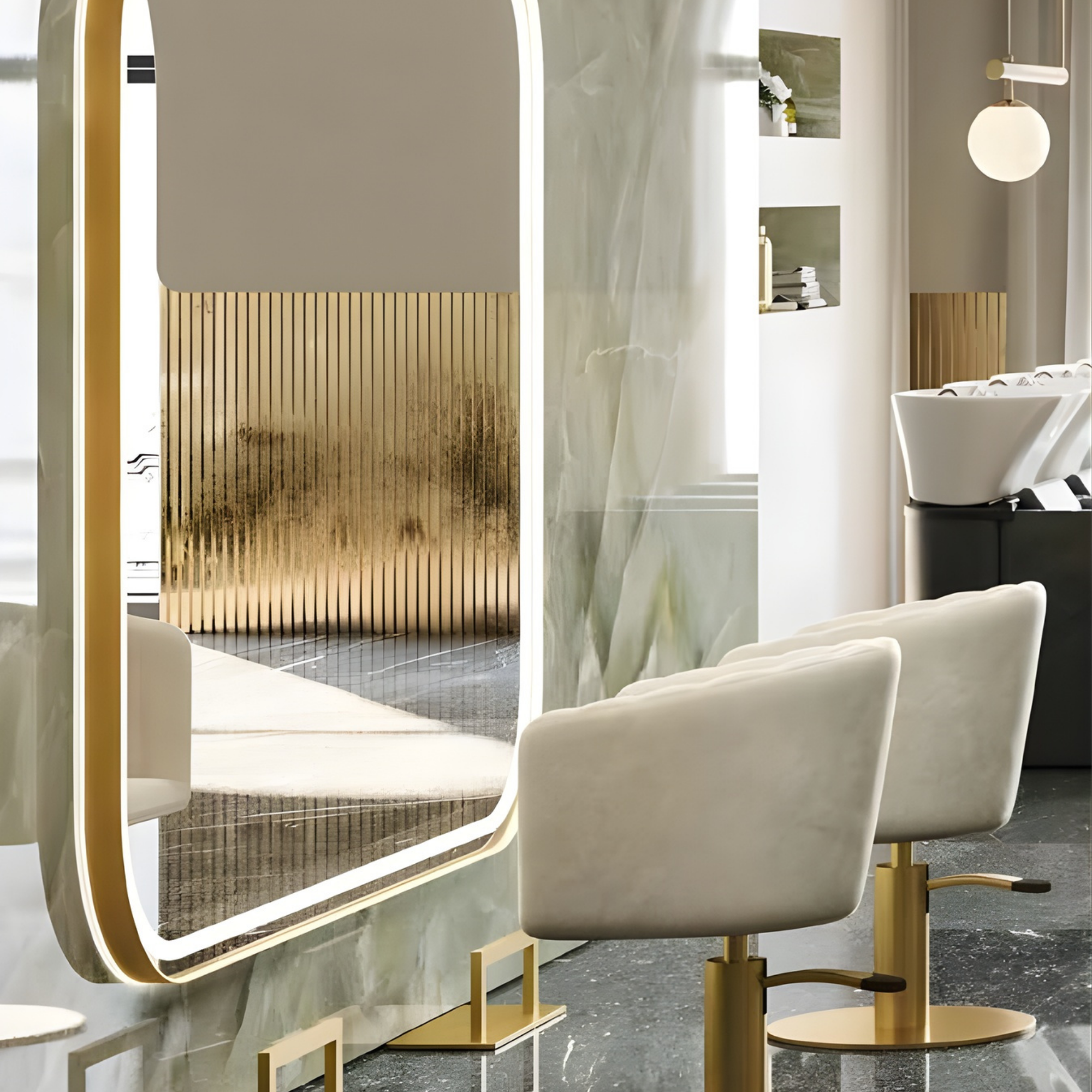 luksuzni frizerski salon sa zlatnim detaljima, velikim osvijetljenim ogledalom i bijelim stolicama na zlatnim postoljima