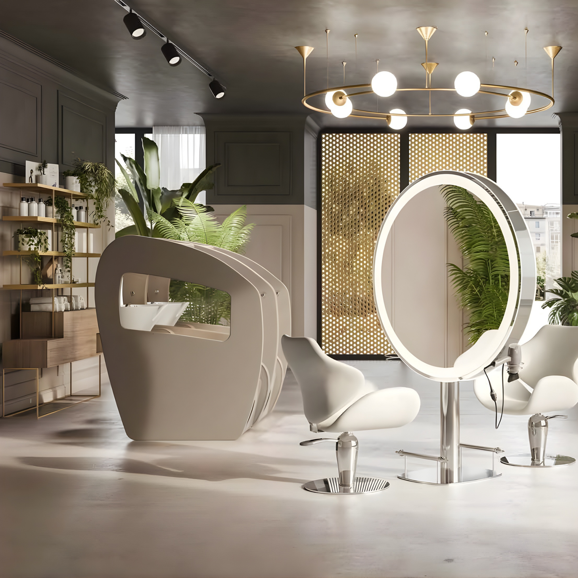 elegantno uređen prostor frizerskog salona sa flora kolekcijom namještaja, glavoperom, frizerskim radnim mjestom, stolicama i color barom