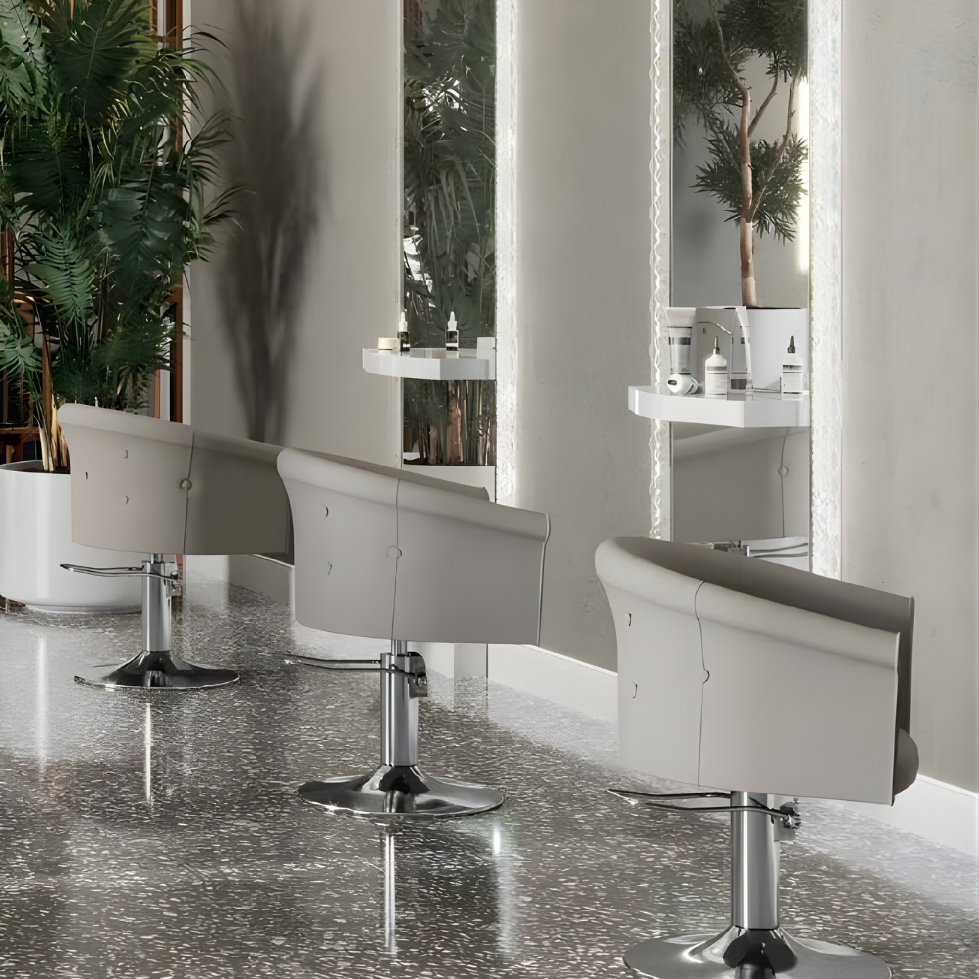 elegantan frizerski salon sa svijetlosivim frizerskim stolicama, velikim osvijetljenim ogledalima i sjajnim podom s uzorkom, okružen zelenim biljkama
