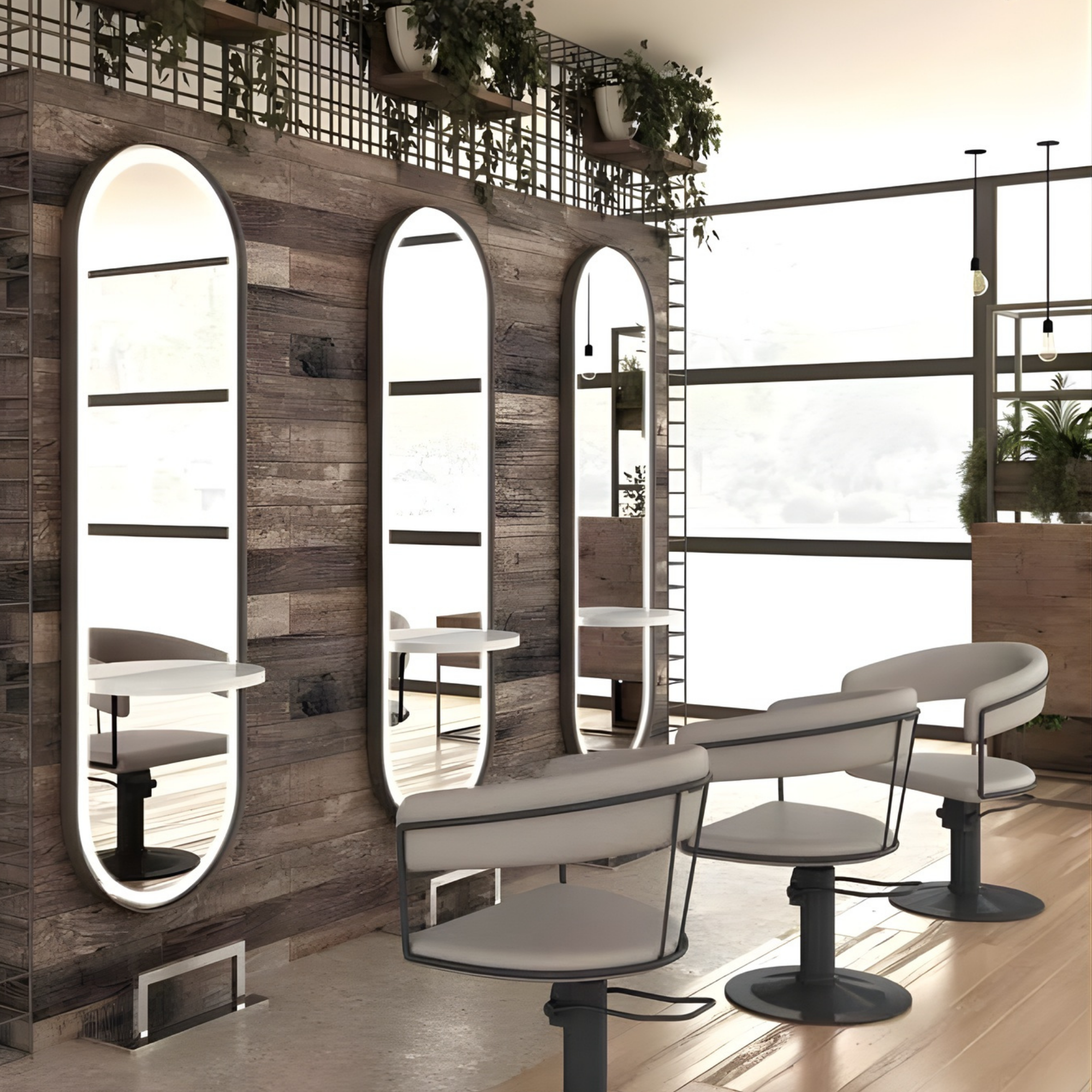 frizerski salon sa sivim frizerskim stolicama i ovalnim ogledalima s LED rasvjetom na drvenom zidu, ukrašenim visećim biljkama i metalnim detaljima