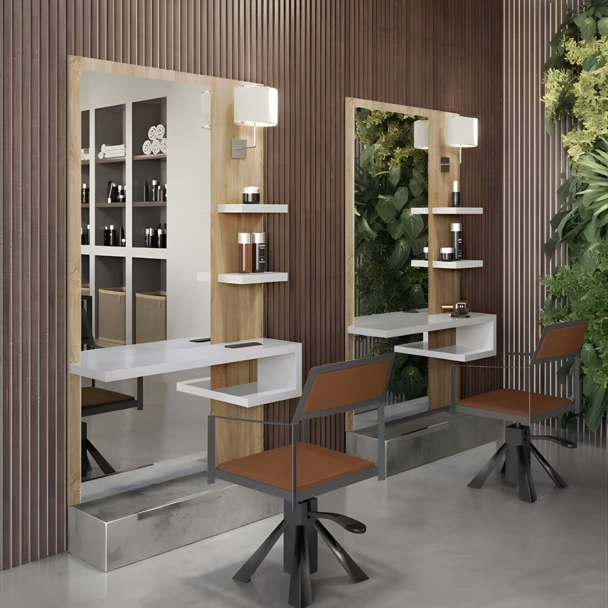 Moderan frizerski salon s ogledalom u sredini, smeđim frizerskim stolicama i zidovima obloženim drvenim panelima s biljkama u pozadini