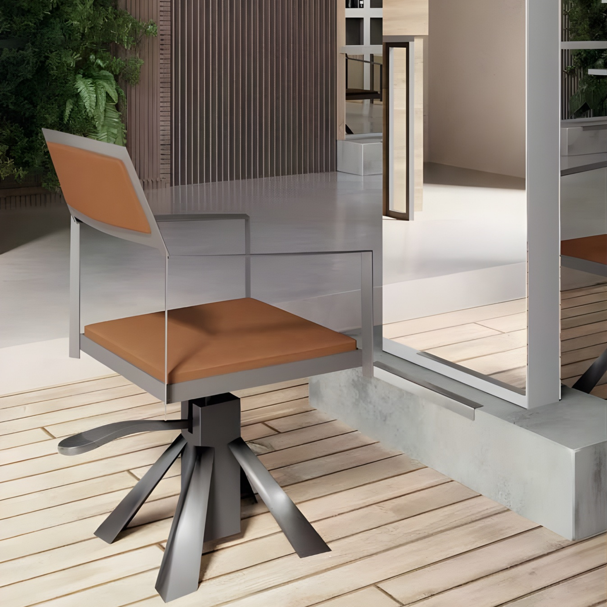 Frizerski salon s drvenim zidom i ogledalima u svijetlom okviru, bijelim radnim površinama i smeđim frizerskim stolicama, uz detalje zelenih biljaka koji unose svježinu u prostor