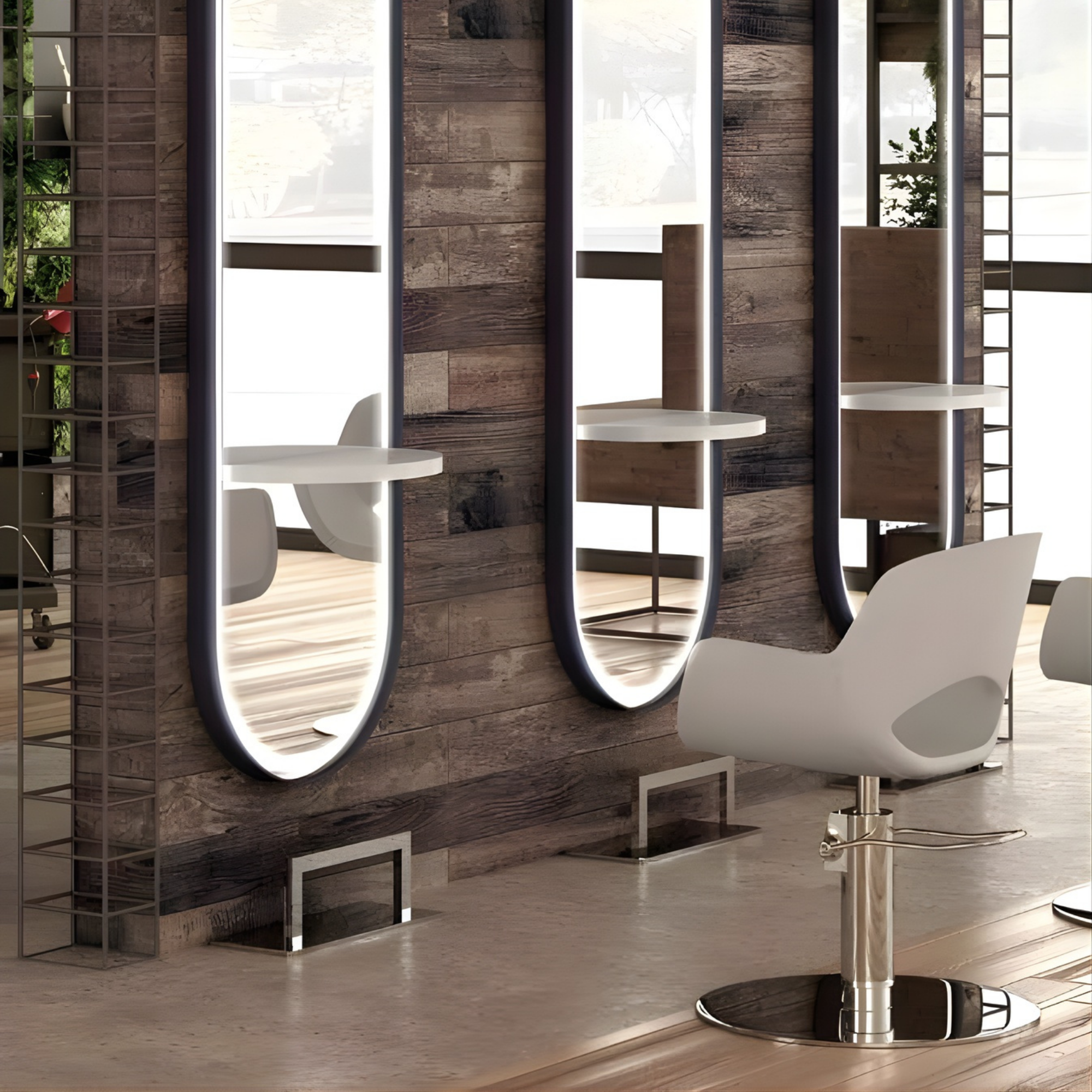 Moderan frizerski salon s bež frizerskim stolicama, velikim okruglim ogledalom i zidom s dekorativnim bijelim kružnim uzorcima u minimalističkom prostoru