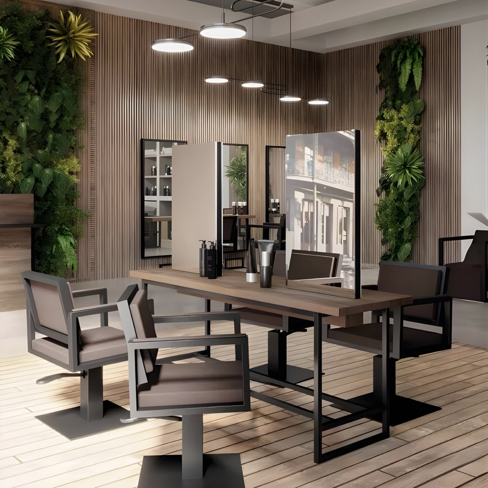 elegantan frizerski radni prostor s velikim ogledalom, drvenim stolom i smeđim frizerskim stolicama s crnim metalnim okvirima, okružen zidom s biljkama i dekorativnim svjetlima.