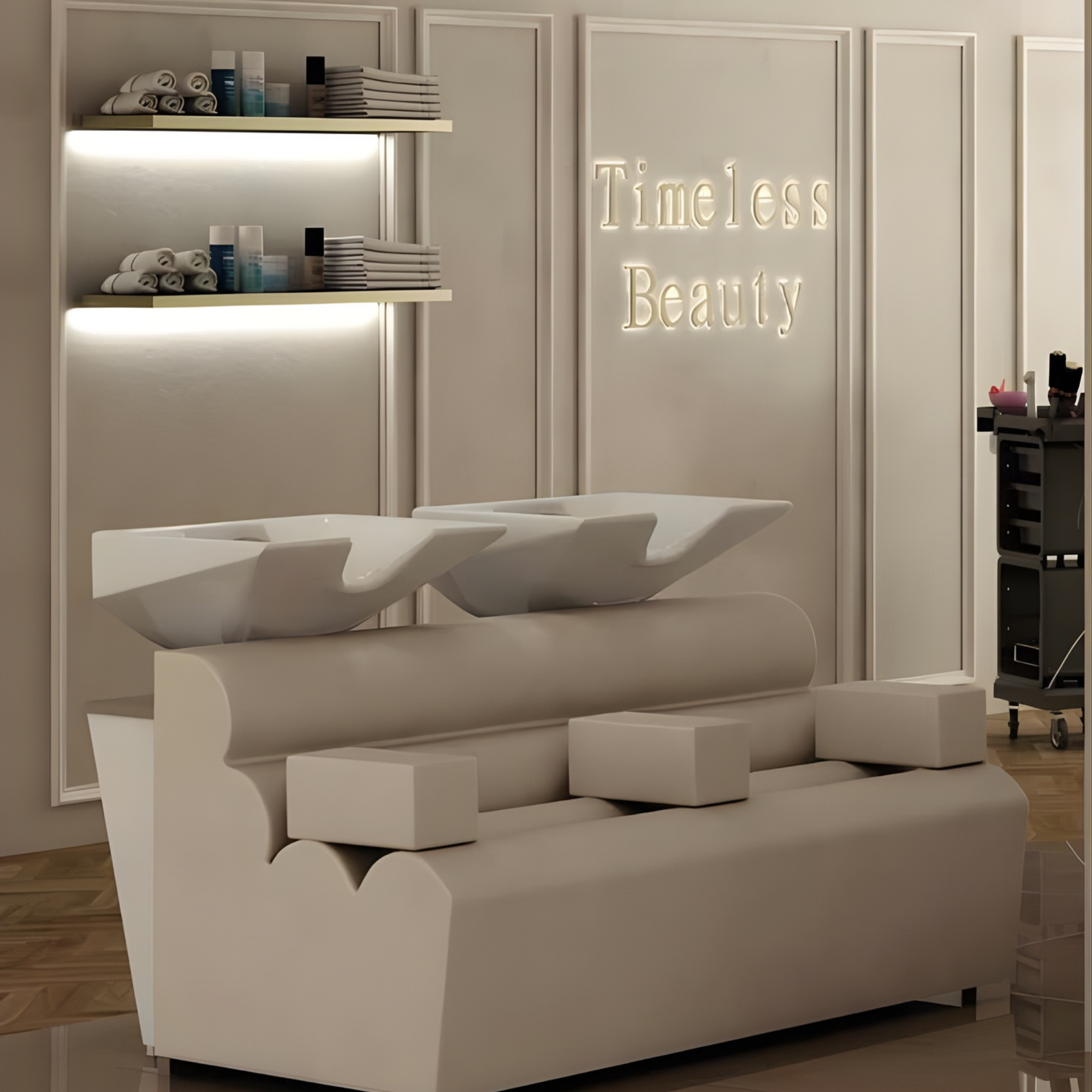 luksuzan frizerski salon s bež dvostrukim glavoperom modernog dizajna, zidnim policama s ručnicima i proizvodima