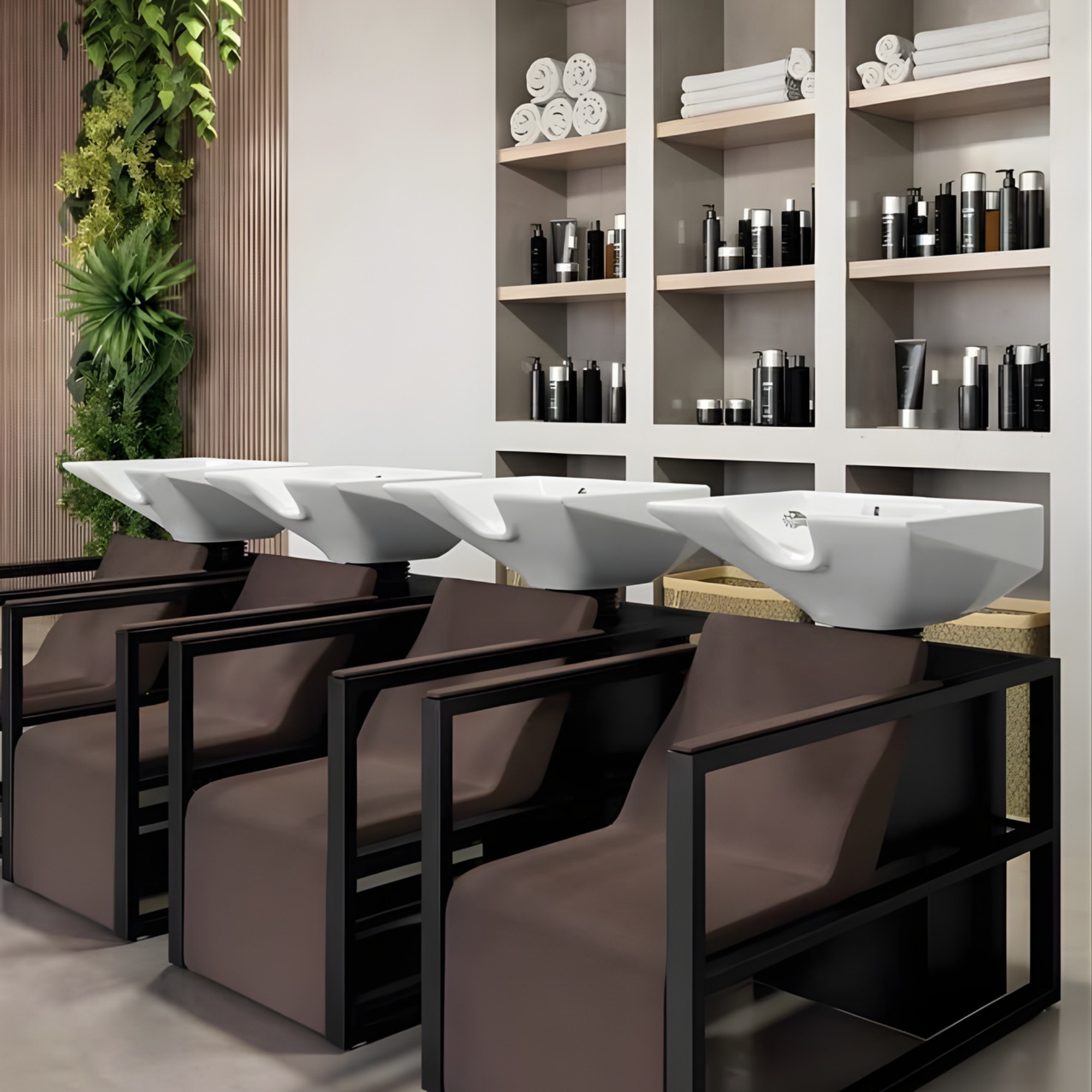 moderan frizerski salon s tri smeđa glavopera u crnim metalnim okvirima, policama s ručnicima i proizvodima te zidom ukrašenim zelenim biljkama
