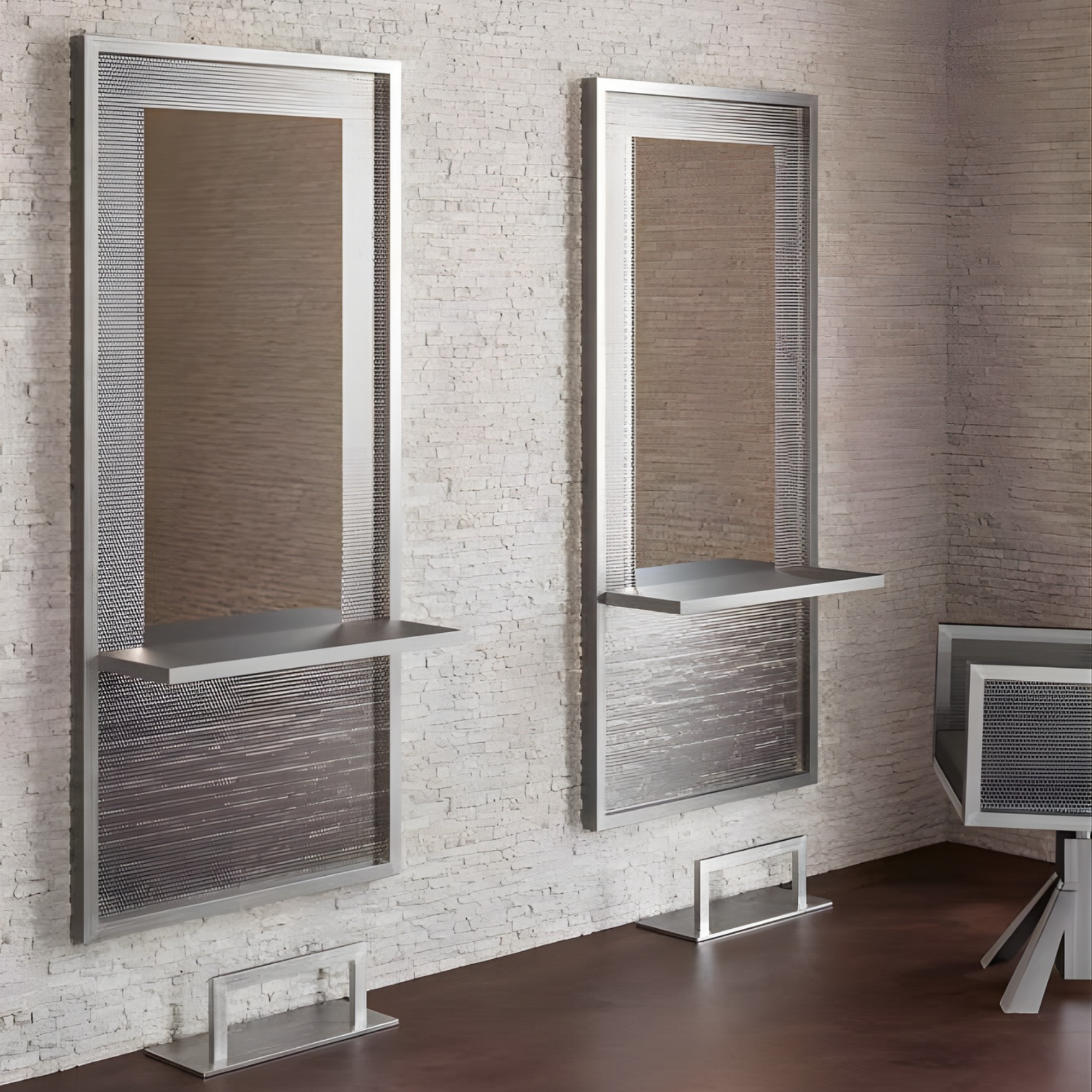 metalna frizerska iron ogledala s policama, s bijelim ciglama u modernom industrijskom salonu