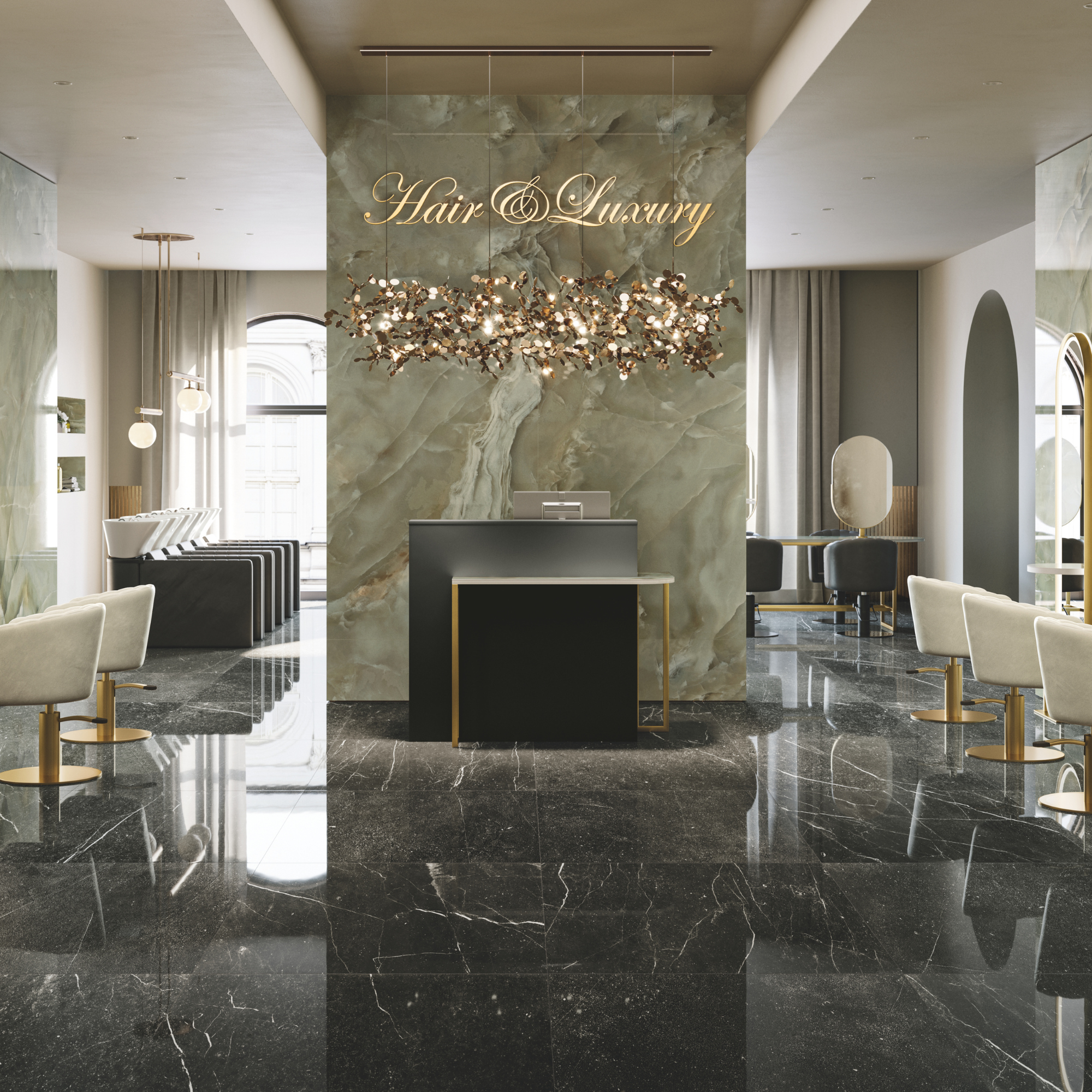 luksuzna recepcija frizerskog salona s mramornim zidom, crnim pultom i zlatnim detaljima