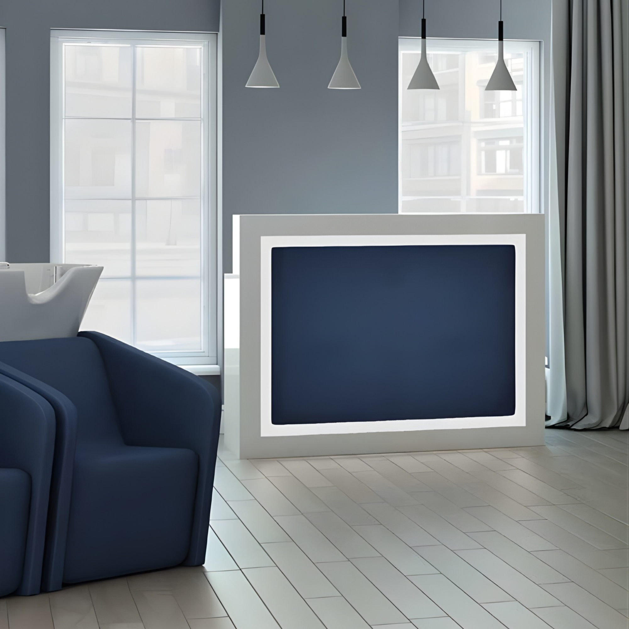 moderan recepcijski pult s plavim panelom u minimalističkom frizerskom salonu s velikim prozorima
